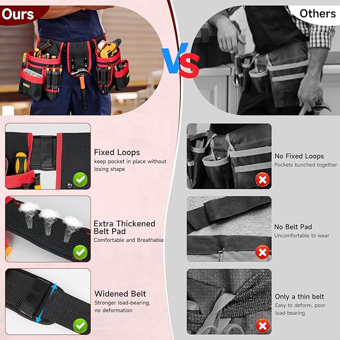 Tool Belt,Magnetic Tool Pouch,27-Pockets Heavy Duty Padded Tool Belts for Men,Detachable & Adjustable Tool Pouch Bag for Electrician,Carpenter,Construction,Work Apron,Utility Belt,Black,Red