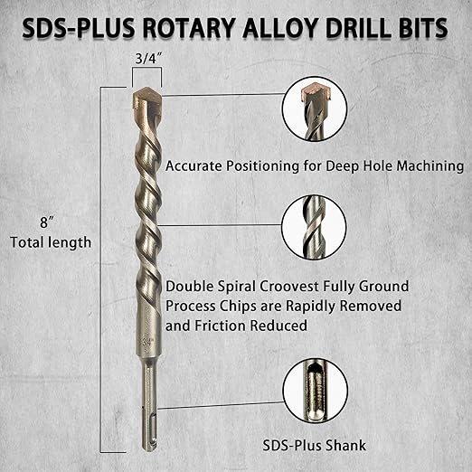 Direko 5-Piece 3/4 inch x 8 Inch SDS Plus Rotary Hammer Drill Bits Carbide Tipped Concert Drill Bits for Concrete, Brick, Cement Walls, Stone, Hammer Drill Bits for Concrete