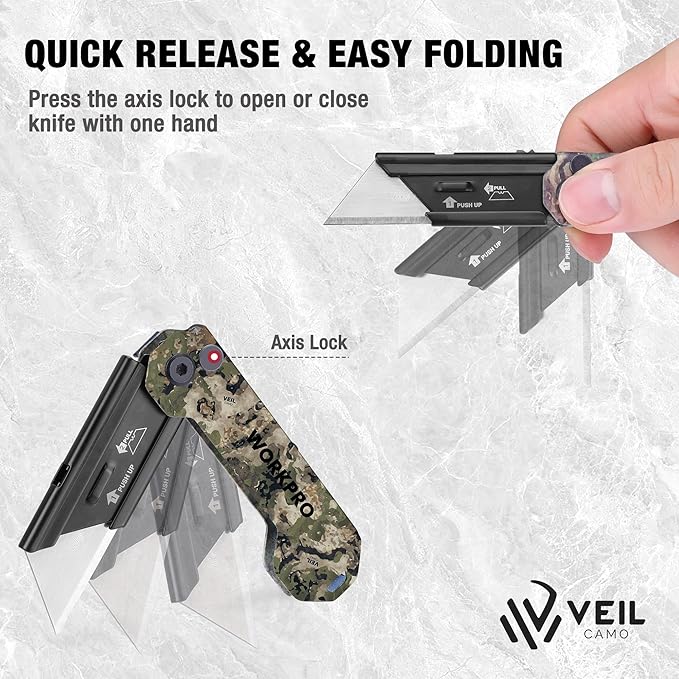 WORKPRO 3-Pack Camo Folding Utility Knife Set, Pocket Knife with Quick Open Axis Lock, Compact EDC Box Cutter with Belt Clip for Cardboard, Plastic, Leather