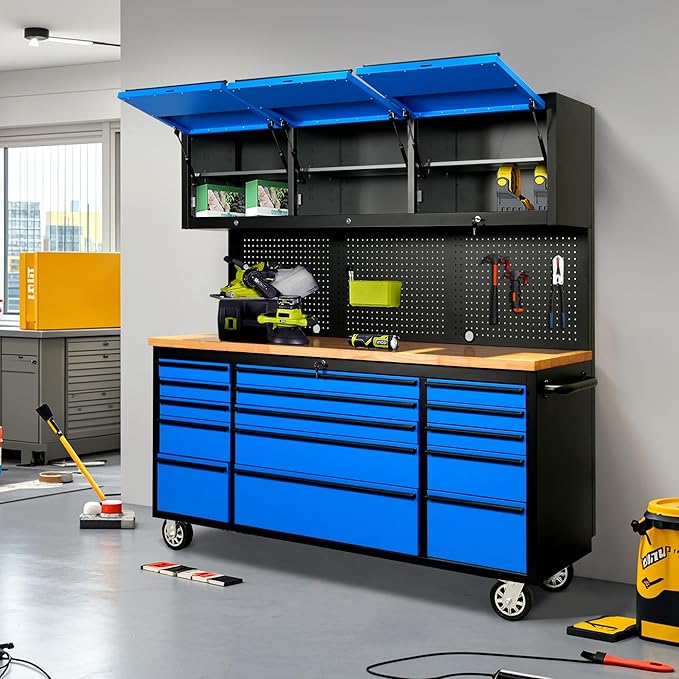 CT Copper Tailor 72-inch Rolling Tool Chest with Integrated Power Strip,15 Drawers and Wheels, Garage Workbench with Storage, 3 Upper Cabinets, Pegboard in Blue