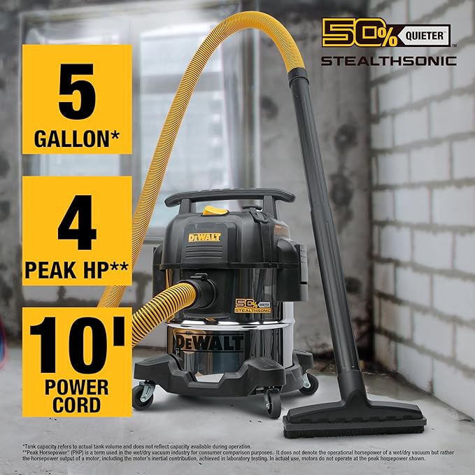 DEWALT 5 Gallon 4 HP STEALTHSONIC Shop Vacuum Wet and Dry DXV05S-QTB Ultra Quiet Stainless Steel Wet/Dry Vacuum Cleaner with Powerful Suction for Garage, Jobsite, and Workshop