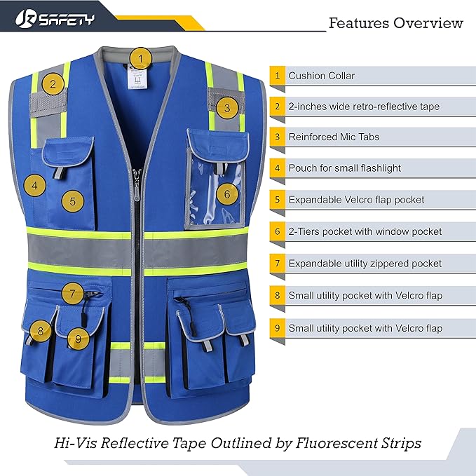 JKSafety 10 Pockets Hi-Vis Zipper Front Fluorescent Blue Safety Vest | Cushioned Collar | High Reflective Tapes with Extended Neon Yellow Strips | Meets ANSI/ISEA Standards (Large, 89-Blue)
