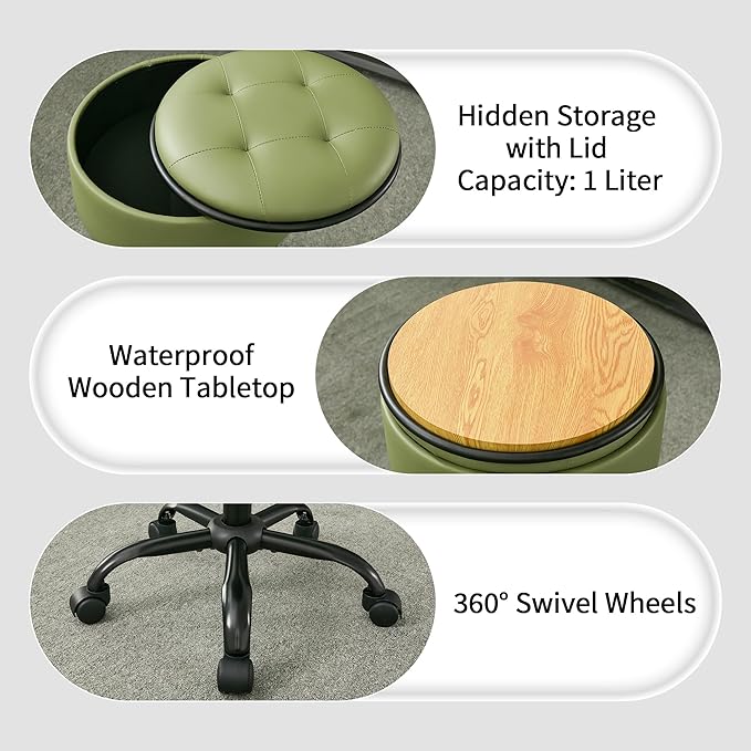Rolling Stools with Wheels (Chair & Small Table in One) (Adjustable Height Barber Chair 20.67"-24.61"), Green Ergonomic Stool with Storage