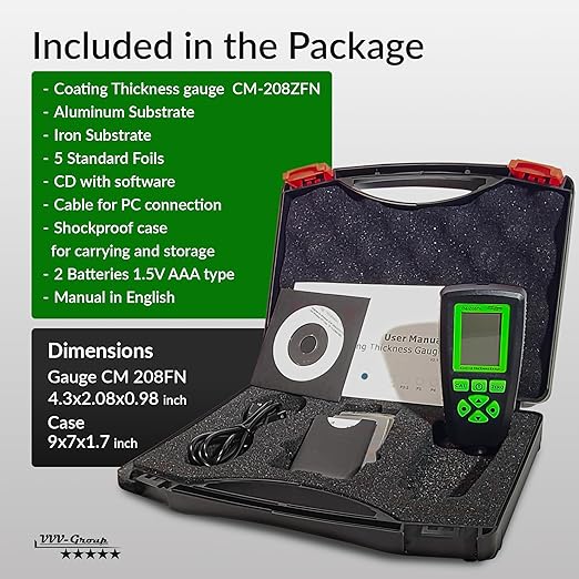 Digital Coating Thickness Gauge CM-208FN / Automatic Thickness Paint Meter for Steel and Aluminum with Resolution 0.001mils /0.1um (Fe/Al)