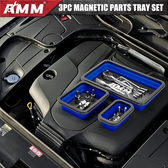 AMM Foldable Magnetic Parts Tray Set, 3 Different Size Magnetic Tool Trays for Bolts Screws Nuts & Small Metal Parts, Mechanic Tool Present for Men，Blue