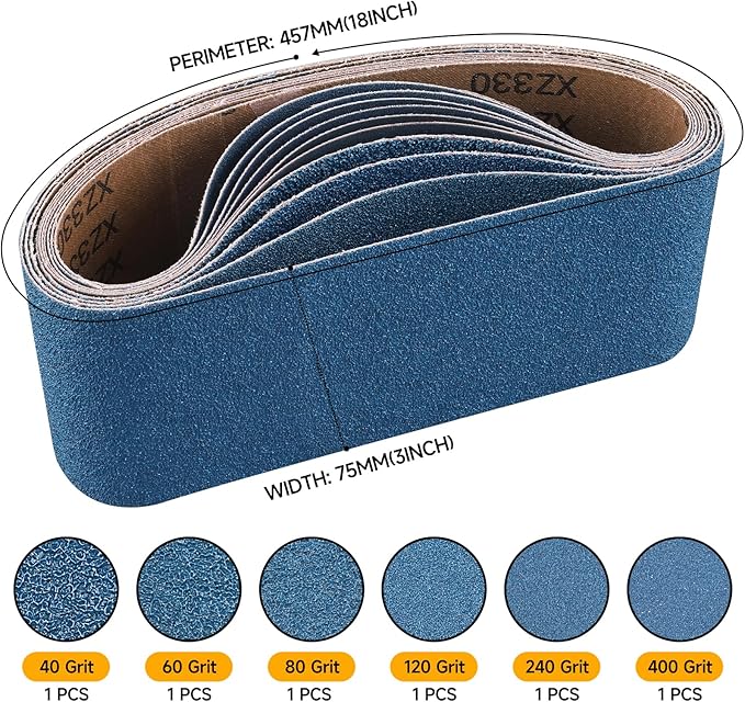 6-Piece 3 x 18 Inch 40-400 Grit Zirconia Sanding Belts, Heavy Duty Long-lasting Sanding Bands for Belt Sander, Rust Paint Removal, Wood Metal Grinding and Finishing