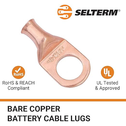 SELTERM 10pcs 6 AWG - 1/2" Stud - Battery Lugs, Heavy Duty Wire Lugs, Ring Terminals, Battery Cable Ends,6 Gauge Terminals, UL Bare Copper Eyelets Electrical Battery Terminal Connectors