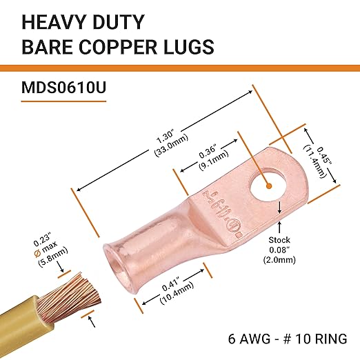 SELTERM 25pcs 6 AWG #10 Stud Battery Lugs, Ring Terminals, Heavy Duty Copper Wire Lugs, Battery Cable Ends, 6 Gauge Ring Terminal Connectors, UL Bare Copper Eyelets Electrical Battery Cable Lugs