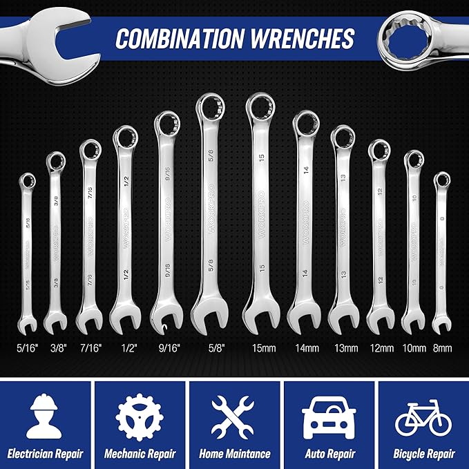 WORKPRO Mechanics Tools Kit and Socket Set, 192-Piece, SAE&Metric, 1/2'', 1/4'', 3/8'' Drive Socket Ratchet Wrench Set with Molded Case