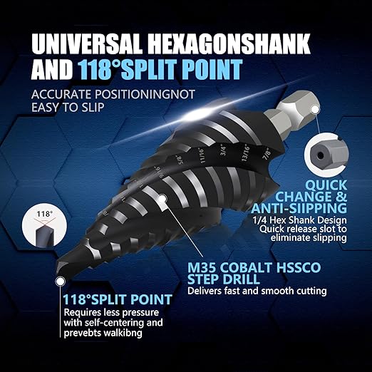 GSTK Pro Max 3/16"-7/8" Four Spiral Flute Cobalt Step Drill Bit Set, Impact Ready, for Metal, Stainless Steel, Aluminum, Wood, Plastic with 1/4" Hex Shank