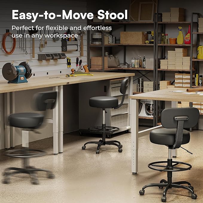 SUPERJARE Drafting Chair with Back, Adjustable Foot Rest Rolling Stool, Multi-Purpose Office Desk Chair, Thick Seat Cushion for Home Bar Kitchen Shop - All Black