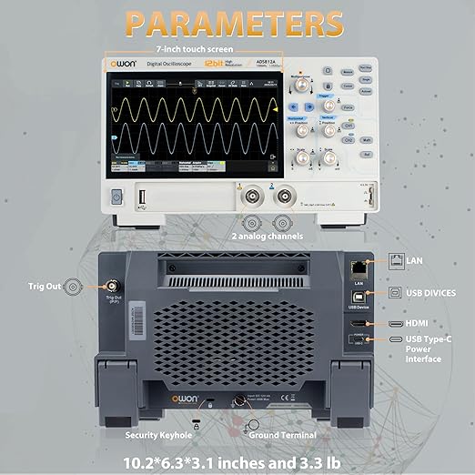 OWON Digital Oscilloscope ADS812A 100MHz Bandwidth 12bits Lab Oscilloscope 1.25GSa/s Sample Rate with Dual Channel 50M Memory Depth 7 inch LCD Display(100MHz/2CH/ADS812A)