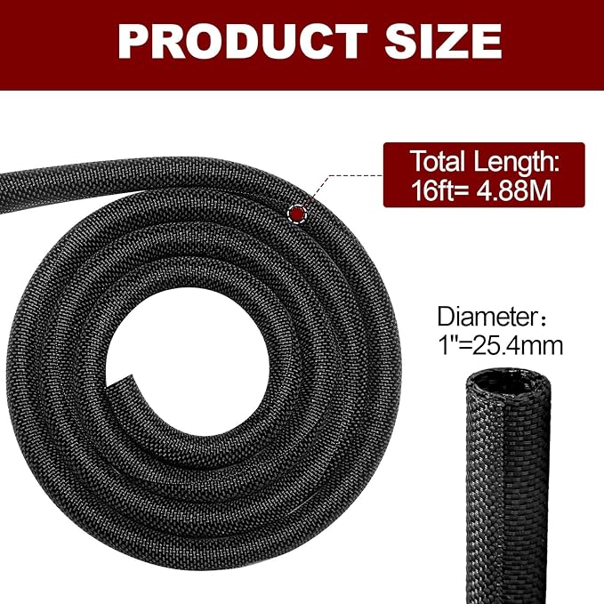 Automotive Wire Loom High Temperature Braided Wire Loom, Split-Sleeve Heat Resistant Wiring Loom Cord Cover for Harness Wires, Self-Wrapping Heavy Duty Sheathing Cable Management Black（16ft-1inch ）
