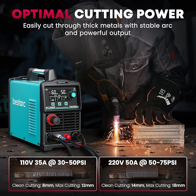 Plasma Cutter, [Pilot Arc][Large LED Display][Air Sensor] 50A bestarc Plasma Cutter Machine 110/220V Dual Voltage, 1/2 Inch Clean Cut 3/4 Inch Max Cut, Post Flow Mesh, 2T/4T for Beginners DIY