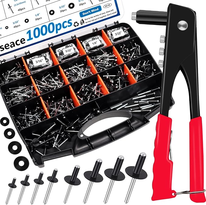 smseace 1001Pcs Pop Rivet Gun Kit Black Pop Rivets, Large Flange Rivets, Washers and Rivets Gun Tool Packed in Portable Toolbox with Color Label for Metal, Furniture, Automotive, Instruments