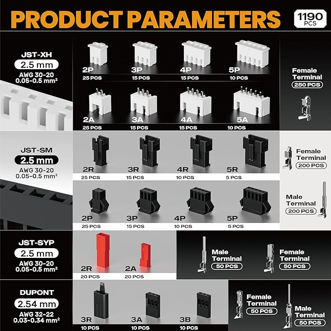 SOMELINE Crimp Tool Connector Kit, 27 Types, 32-20 AWG Crimper, JST-XH/SM/SYP 2.5mm and Du Pont 2.54mm Connector kit, Crimping Pliers for JST, Du pont, KF2510, Molex, AMP EI Series