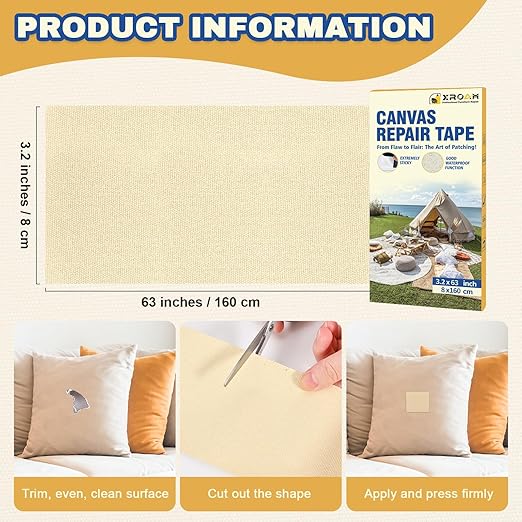 Canvas Repair Tape, 3.2 x 63 Inch Waterproof Heavy Duty Fabric Tape for Furniture, Self Adhesive Canvas Repair Patches for Boat Covers, Sofas, Tents, Louge Chairs, Canopy, Awning Light Gray