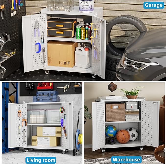Metal Storage Cabinet with 2 Doors and 4 Hooks,34" H Top Workbench Mobile Tool Chests Garage Cabinets with 4 Wheels and Lock/Push Arm for Home,Office,Shop(White)