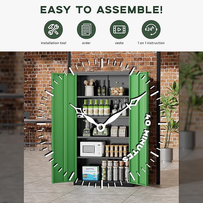 Greenvelly Metal Garage Storage Cabinet, 72" Black Green Tool Steel Locking Cabinet with Doors and 4 Shelves, Tall Cabinets for Garage Storage Systems Lockable File Cabinet for Home Office,Garage