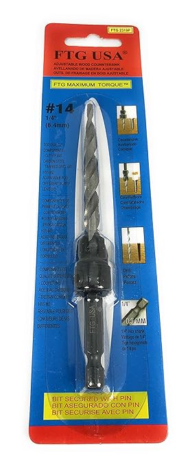 FTG USA Adjustable Wood Countersink Drill Bit #14 (1/4") with Tapered Drill Bit for Woodwork
