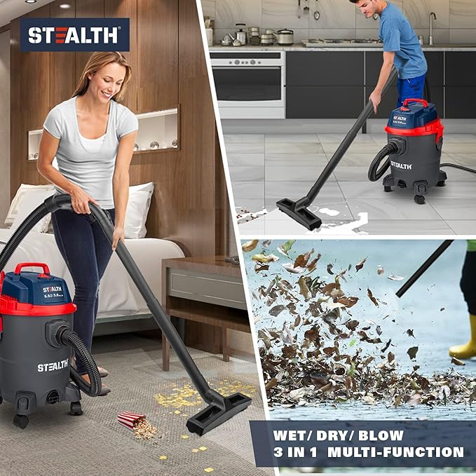 Stealth Wet/Dry Vacuum 5 Gallon, 5.5 Peak HP Shop Vacuum with Blower & Drain Port for Home, Garage, Car, Workshop,ECV05P2