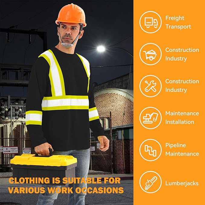 Hi Vis Safety Long Sleeve Shirts，High Visibility Class 3 T Shirts with Reflective Strips and Pocket, Quick Dry Mesh Construction Work Shirt for Men/Women (Black,5XL)