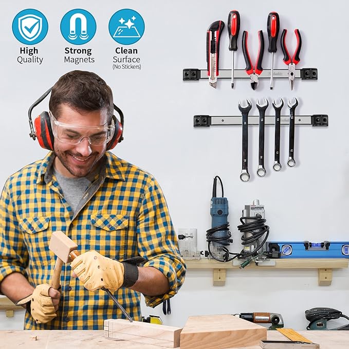 6 Pieces 12" Magnetic Tool Holder Strip, Stainless Steel Surface Tool Magnet Bar, Metal Tool Organizer Rack for Garage Organization, Easy To Install in Workshop, Mounting Screws Included