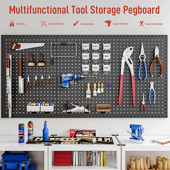 Peg Board, 2 Pack Metal Pegboard Panels Pegboards Wall Organizer with 12Pcs Hooks, Peg Board for Walls Garage Tool Storage Office Organization Kitchen Craft Room (Black, 2PCS with 12 Hooks)