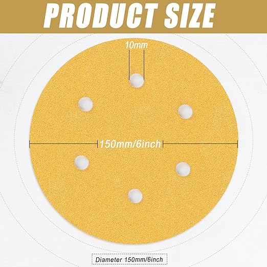 6 Inch - 6 Hole Hook and Loop Sanding Discs 150 Grit, Random Orbital Sandpaper for Automotive and Woodworking - 100 Pack