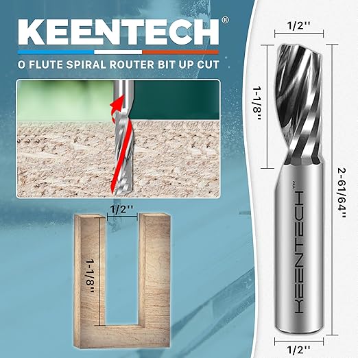 KEENTECH 1/2" Shank Upcut O Flute Flat Tip Sprial Router Bit for CNC Router Machine, 1/2" Cutting Diameter, 1-1/8" Cutting Depth, for Wood Cutting, Custom Furniture, Slot Mortise, Engraving, Carving