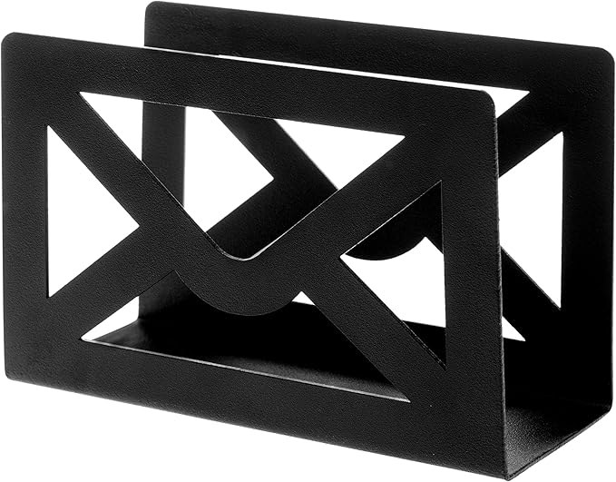 MyGift Black Metal Desktop Mail Holder with Cutout Envelope Design Home and Office Desk Letter Organizer