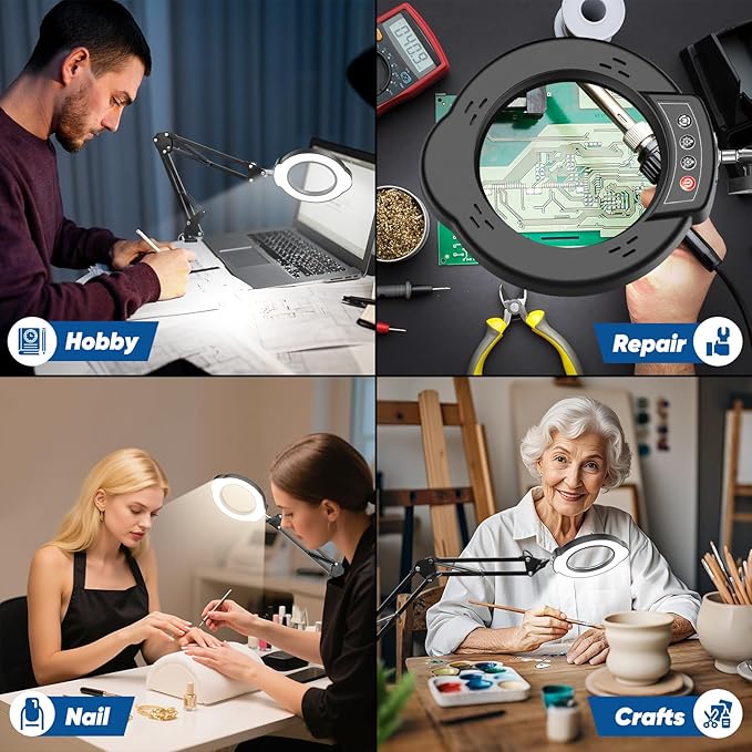 10X Magnifying Glass with Light and Clamp，Real Glass Lens 5 Color Modes Dimmable LED Lighted Magnifier with Swing Arm Hands Free Magnifying Desk Lamp for Crafts Sewing Painting Reading Close Work