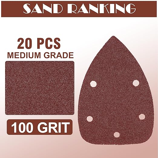 100 Grit Mouse Sander Sandpaper, Jamiikury 5 Hole Detail Sander Sandpaper Palm Sander Paper Mouse Sanding Pads Hook and Loop Sanding Sheets - Pack of 20