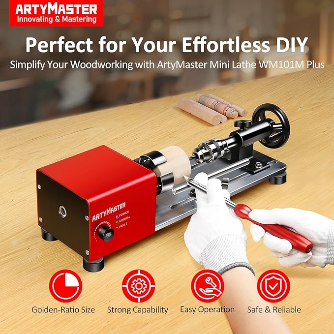 Mini Lathe, WM101A-Plus Mini Wood Lathe Machine, 24VDC 96W Power Lathe, Small Benchtop Lathe with Wood Turning Lathe Tools Kits, Infinitely Variable Speed, Professional for DIY Woodworking