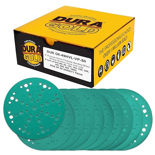 Dura-Gold Premium 6" Green Film Sanding Discs, 49-Hole Pattern, 50 Disc Variety Pack, Grits 60, 80, 120, 180, 220, 320, 400, 600, 800, 1000 - Heavy-Duty Hook & Loop Sandpaper, DA Random Orbital Sander