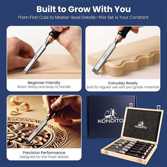 KONDITO Wood Chisel Set – 8-Piece Premium Woodworking Chisel Kit with 6 CRV60 Steel Blades (6–38mm), 2 Sharpening Stones & Hardwood Case – Wood Carving Chisels for Joinery, Sculpting & Carpentry Tools
