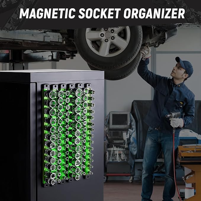ALOANES Magnetic Socket Organizer Set, 6-Piece Heavy Duty Aluminum Socket Holder Socket Rail Organizer for Tool Box, 360° Swivel Clips Socket Rack 1/4, 3/8, 1/2-Inch x 80 Clips (Green)
