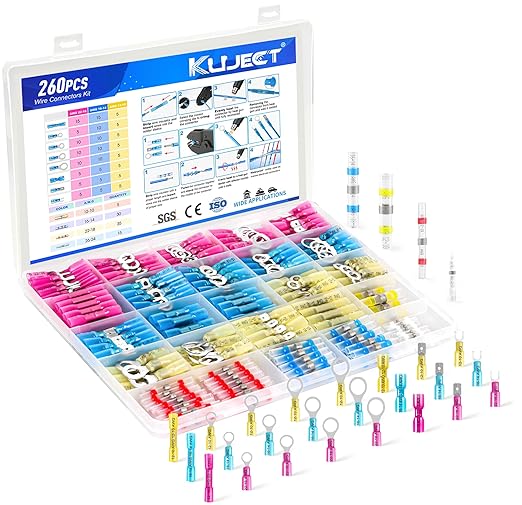 Kuject 260PCS Heat Shrink Wire Connectors, Multipurpose Electrical Wire Connectors Kit, Waterproof Solder Seal Terminal Connectors, Insulated Spade Crimp Ring Butt Splice Connectors for Marine Truck