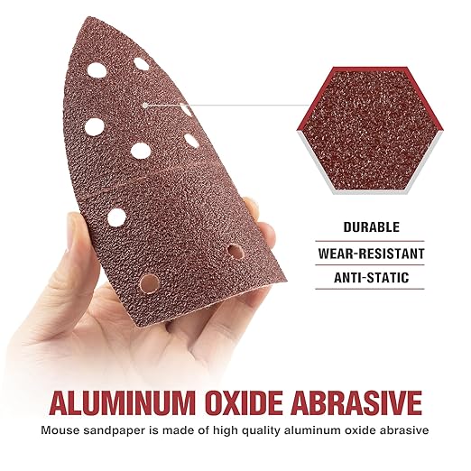 S SATC 50 PCS Mouse Sander Sandpaper 11 Holes 60 Grit Detail Sander Sandpaper Palm Sander Paper Hook and Loop Sander Pads Triangular Sanding Sheets