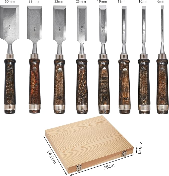 SELFIE CAT 8 Piece Wood Chisel Set for Woodworking Tools Wood Carving Tools with Wooden Case and Sharpening Stones Wood Carving Kit for Beginners and Professionals Black Walnut