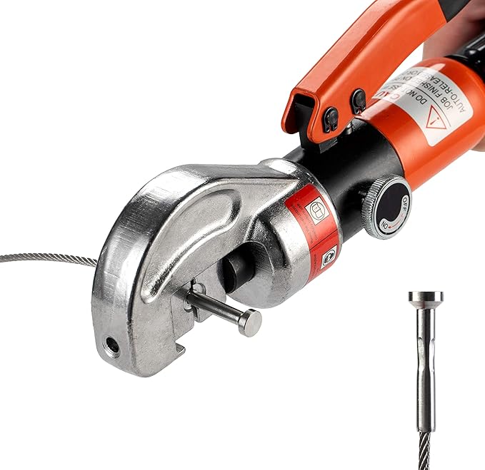 10 Ton Hydraulic Cable Crimper Hand Tool for 1/8, 3/16 Stainless Steel Cable Railing Fittings, Heavy Duty Head, Come with 8 Pairs Dies and Cable Cutter