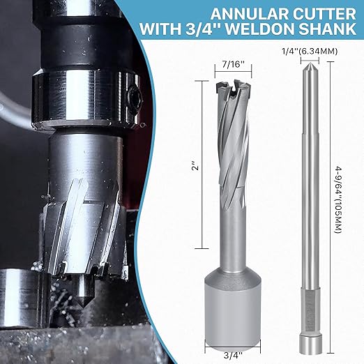 KEENTECH Carbide-Tipped Annular Cutter, 7/16" Diameter x 2" Depth, 3/4" Weldon Shank (2 Flat), High Speed Cutting TCT Mag Drill Bit with Pilot Pin for Harder Material, Stainless Steel, Cast Iron