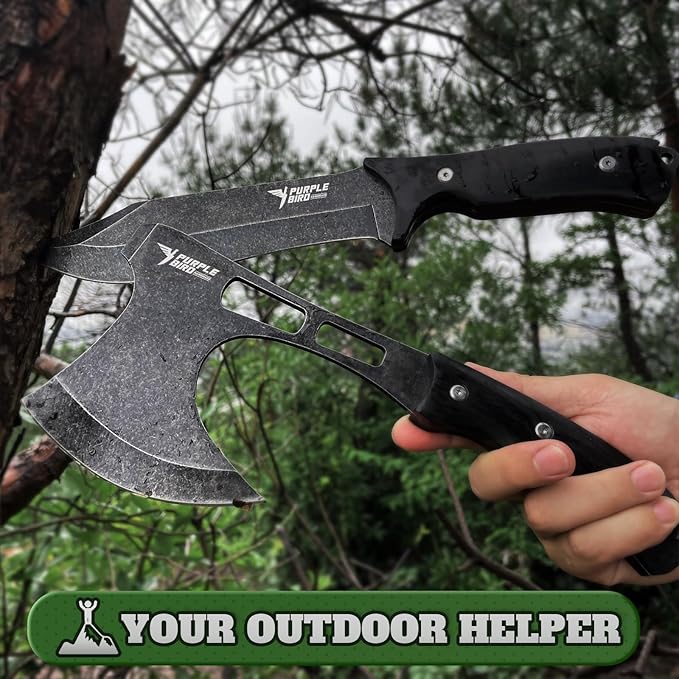 PURPLEBIRD Survival Axe and Fixed Blade Knife Set, Full-Tang Camping Hatchet & Hunting Knife with Leather Sheath, Lightweight Wood Handle Gift Ready