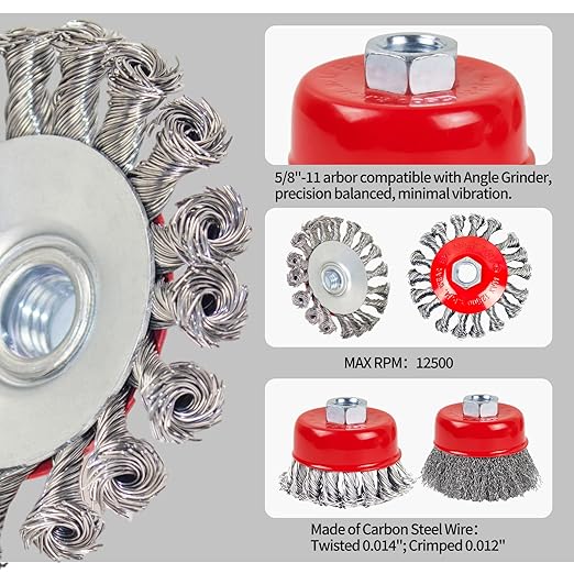 Wire Wheel Brush for 4-1/2" Angle Grinder 4 Inch Wire Wheel Set 3 Inch Wire Cup Twisted/Crimped Brushes 5/8"-11 Threads Arbor - 4pcs