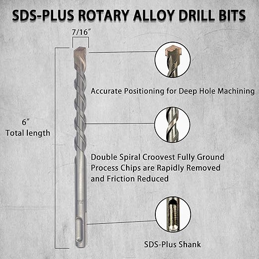 Direko 5-Piece 7/16 inch x 6 Inch SDS Plus Rotary Hammer Drill Bits Carbide Tipped Concert Drill Bits for Concrete, Brick, Cement Walls, Stone, Hammer Drill Bits for Concrete