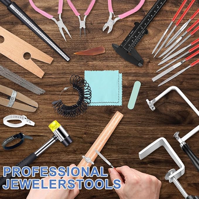 Jewelers Tools Set 27Pcs Ring Making Kit Includes Jewelers Saw with 144 Saw Blades, Bench Pin Clamp, Wooden Ring Clamp, Rings Sizer Measuring Tool, Rubber Hammer, Diamond Needle Files, Jewelry Pliers