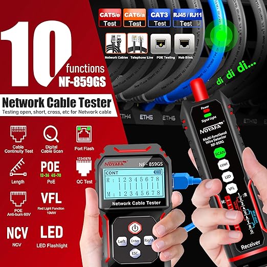 NF-859GS Network Cable Tester with VFL Functio 10mw Visual Fault Locator,for POE RJ45 RJ11 CAT5 CAT6 Cable Toner Continuity TestTelephone/Ethernet/LAN/Wire Tracer