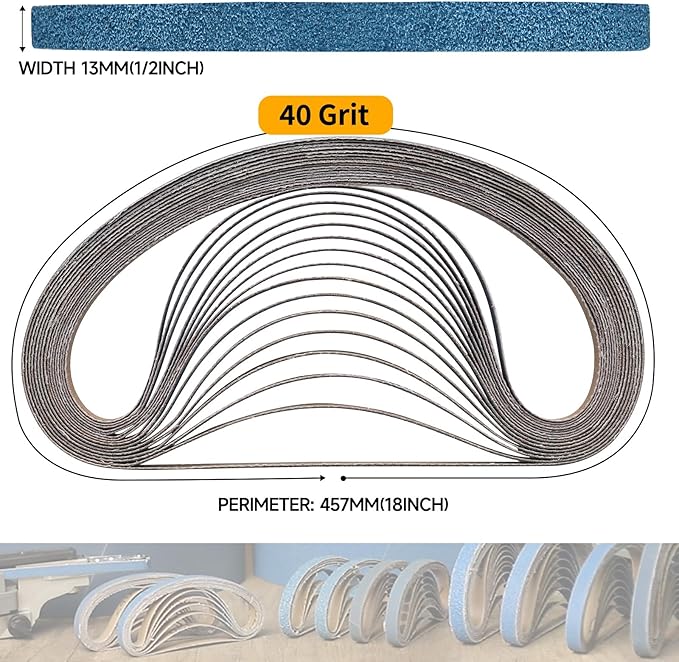 40-Piece 1/2 x 18 Inch 40 Grit Zirconia Sanding Belts, Heavy Duty Long-lasting Mini Sanding Bands for Belt Sander, Rust Paint Removal, Wood Metal Grinding and Finishing