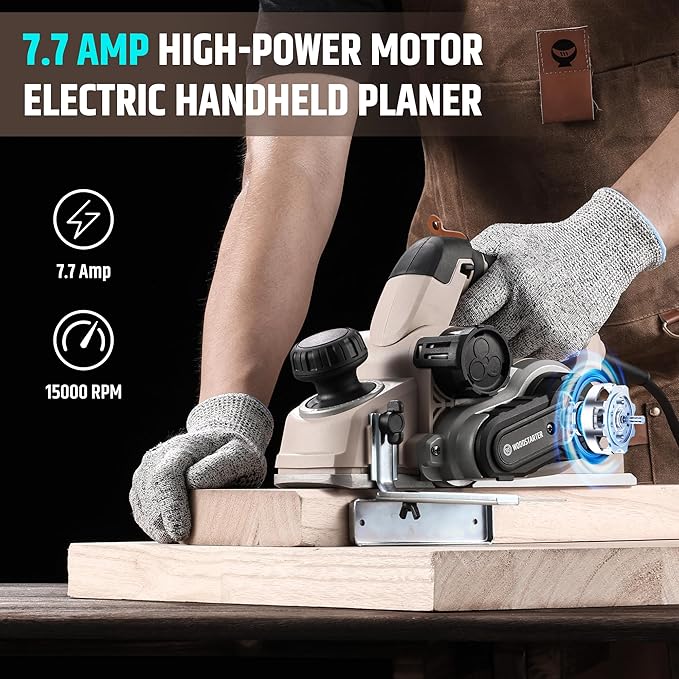 Corded Electric Hand Planer, 7.7 AMP 15000 RPM Power Wood Planer with Edge Guide and Dust Bag, 3-1/4 Inch Planing Width, for Wood Chamfer DIY, Smooth Finish Carpentry