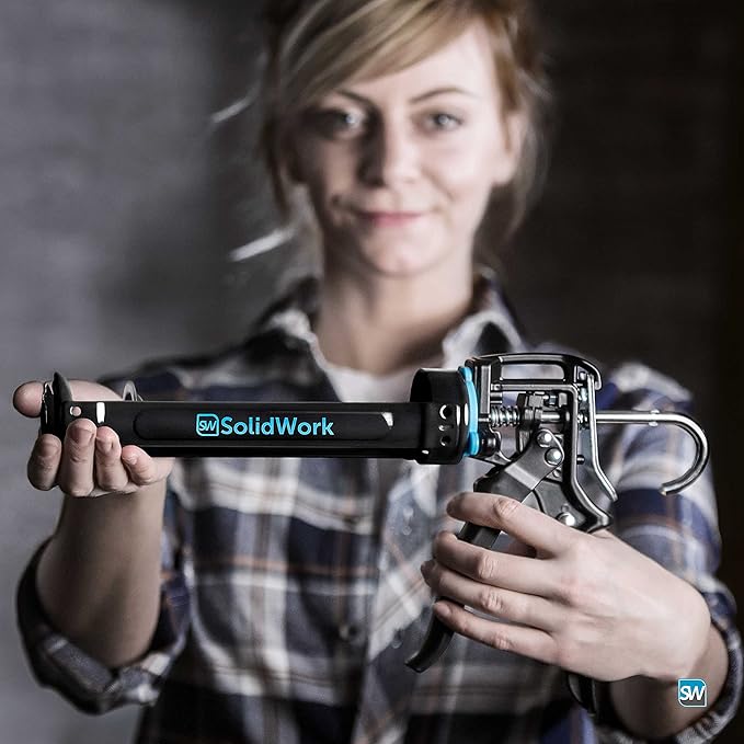 SolidWork Caulk Gun for Professional & Drip-Free Use with Ergonomic Steel Handle, up to 1/10 Gallon Cartridge, Adjustable 24:1 Thrust Ratio 1/10 Gallon Cartridge | Black Caulking Gun
